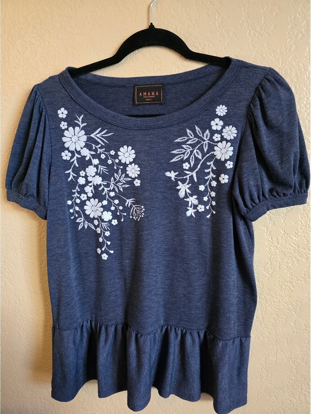 Amana Women's Small Blue Floral Print Peplum Top